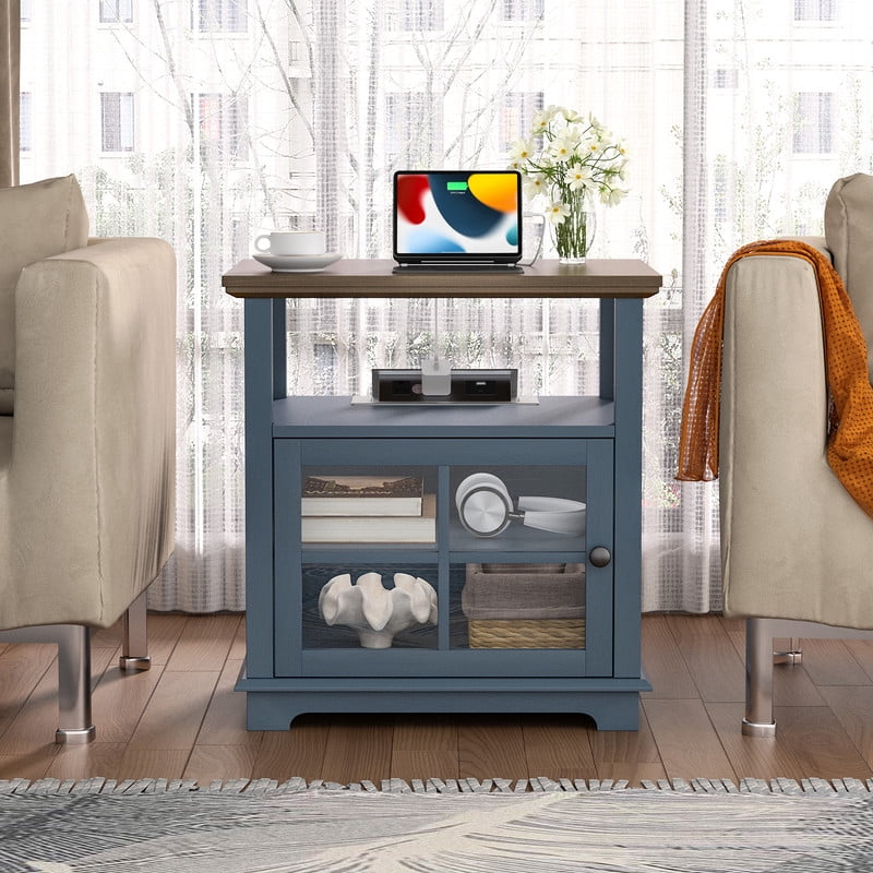 Plamle 24 Inch End Table with Charging Station, Nightstand with USB Ports & Outlets, Storage Side Table with Adjustable Shelf & Glass Door for Bedroom Living Room, Wood Finish