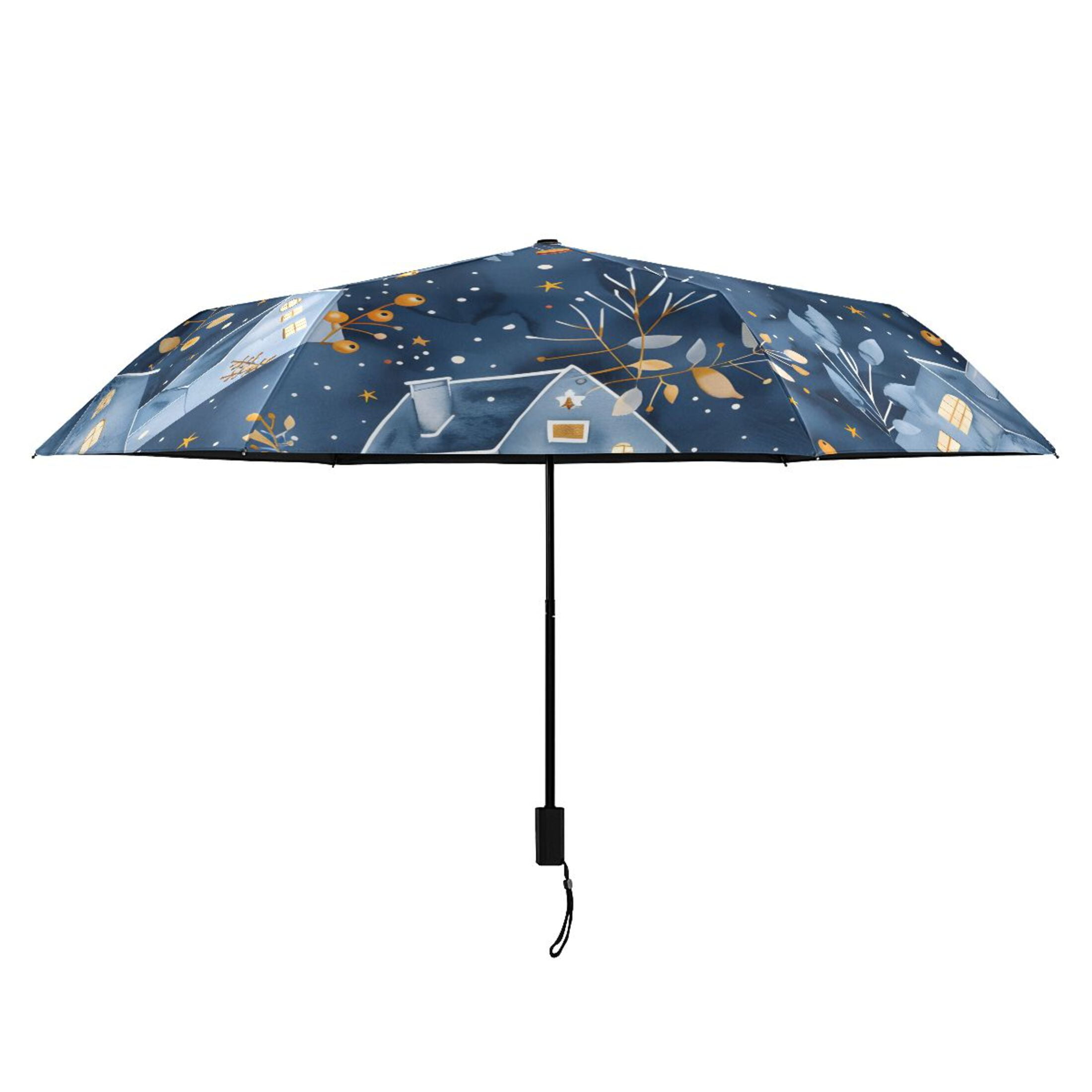 Winter Houses and Barberry Branches Compact Sun Umbrella Windproof Travel Umbrellas for Rain Strong Portable UV Protection
