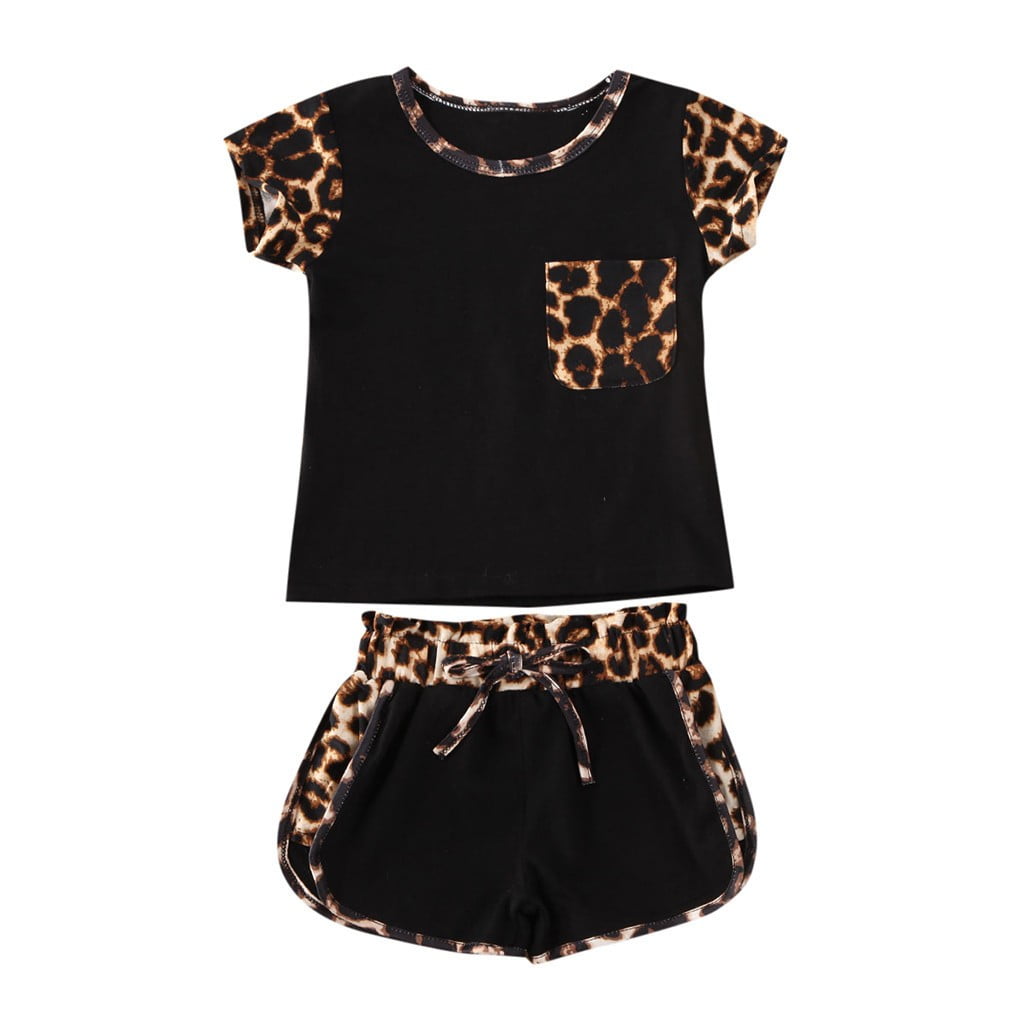 Toddler Kids Baby Girls Leopard Print Tshirt Shorts Outfits Set Sports