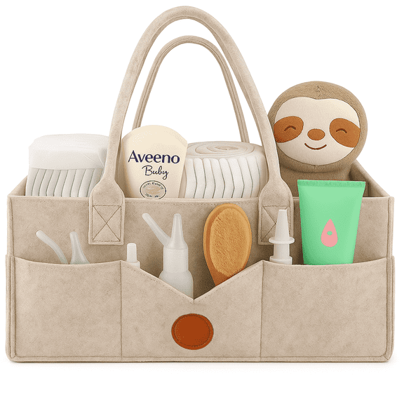 LAMSTOM Diaper Caddy Organizer - Diaper Caddy for Baby Nursery Storage, Felt Diaper Organizer for Baby Stuff with Handle, 13" x 9" x 7" Portable Baby Basket Boy Girl Changing Table Organizer (Khaki)