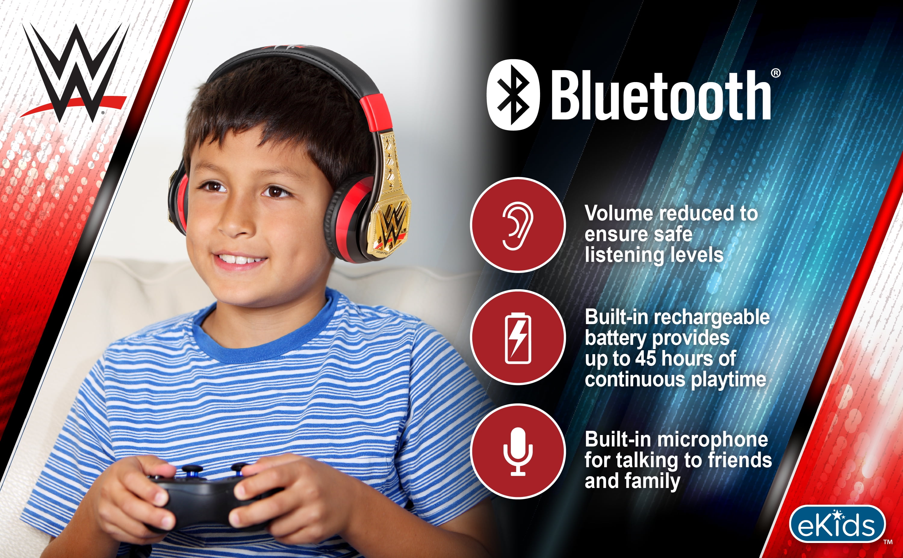 eKids WWE Bluetooth Headphones, Wireless with Microphone Includes Aux Cord