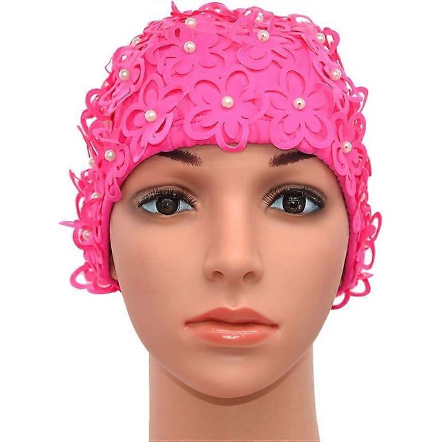 Women's swim cap with hand-sewn flowers and beads