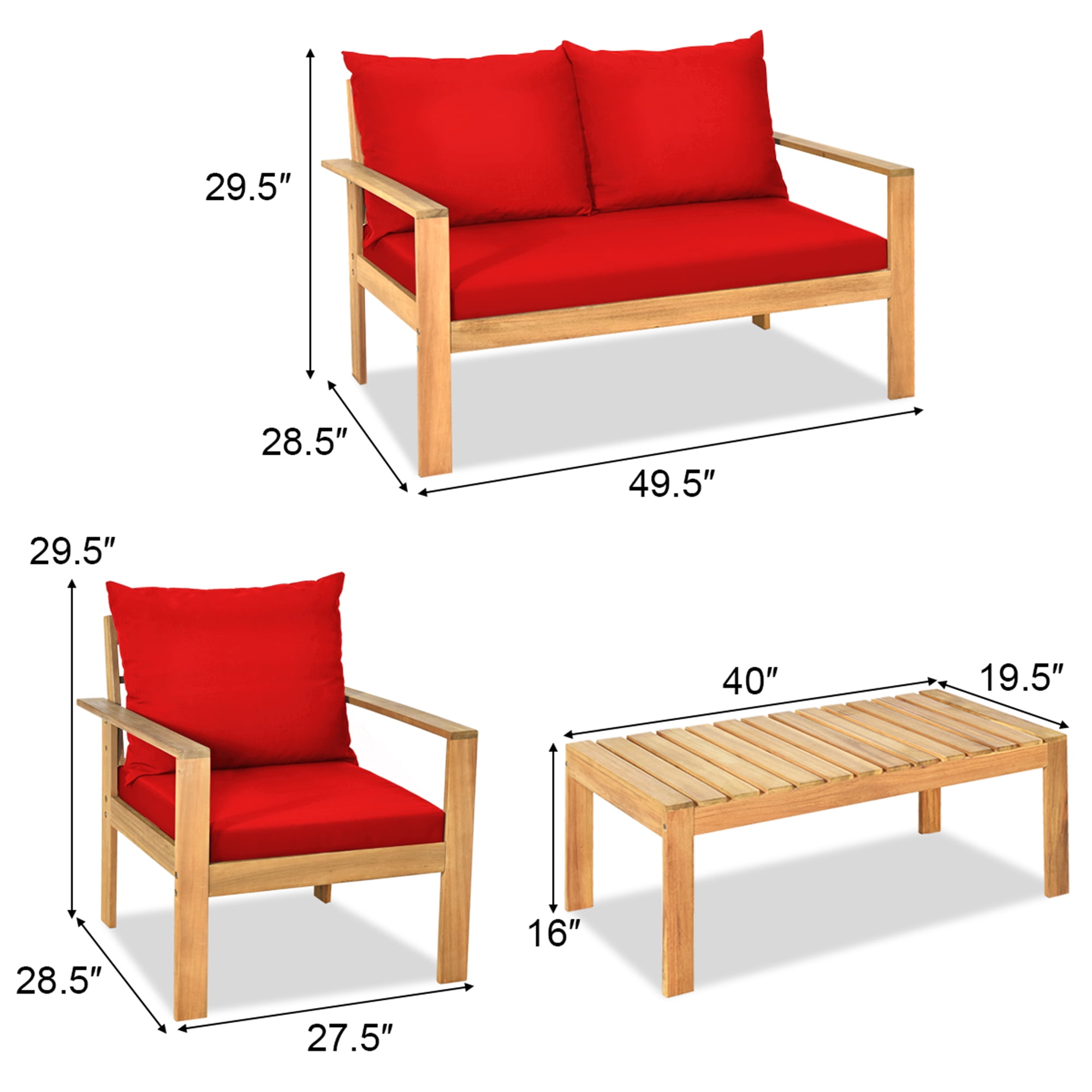 Gymax 8PCS Patio Acacia Wood Conversation Furniture Set w/ Red Cushions