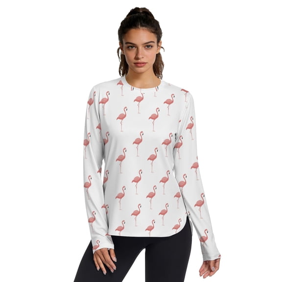 Women's UPF 50 Sun Protection Shirt Long Sleeve Cool Touch Crewneck with Thumb Holes Pink Flamingo Pattern X-Small