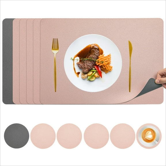Double-Sided Textured PVC Placemats and Coasters Set, 6 6 Pcs Waterproof Washable Square Heat Resistant Table Mats for Dining, Reversible Pink & Gray