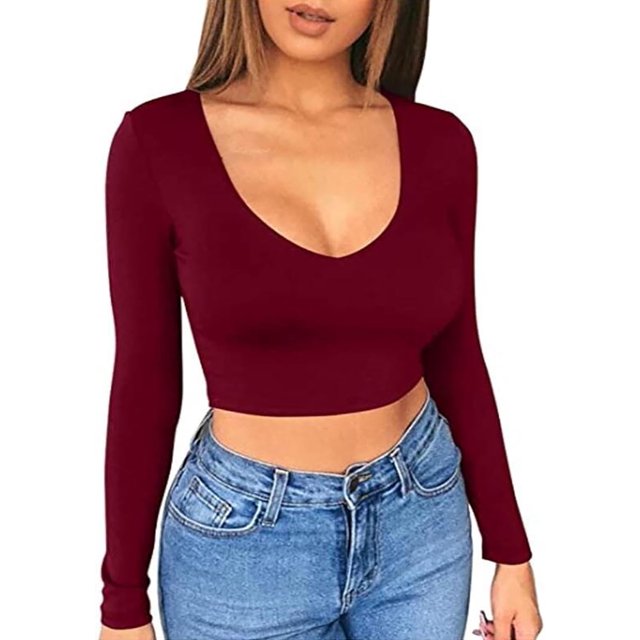 T-shirt Aguichant à Manches Longues Col Carré Basique Ajusté Côtelé Crop Tops