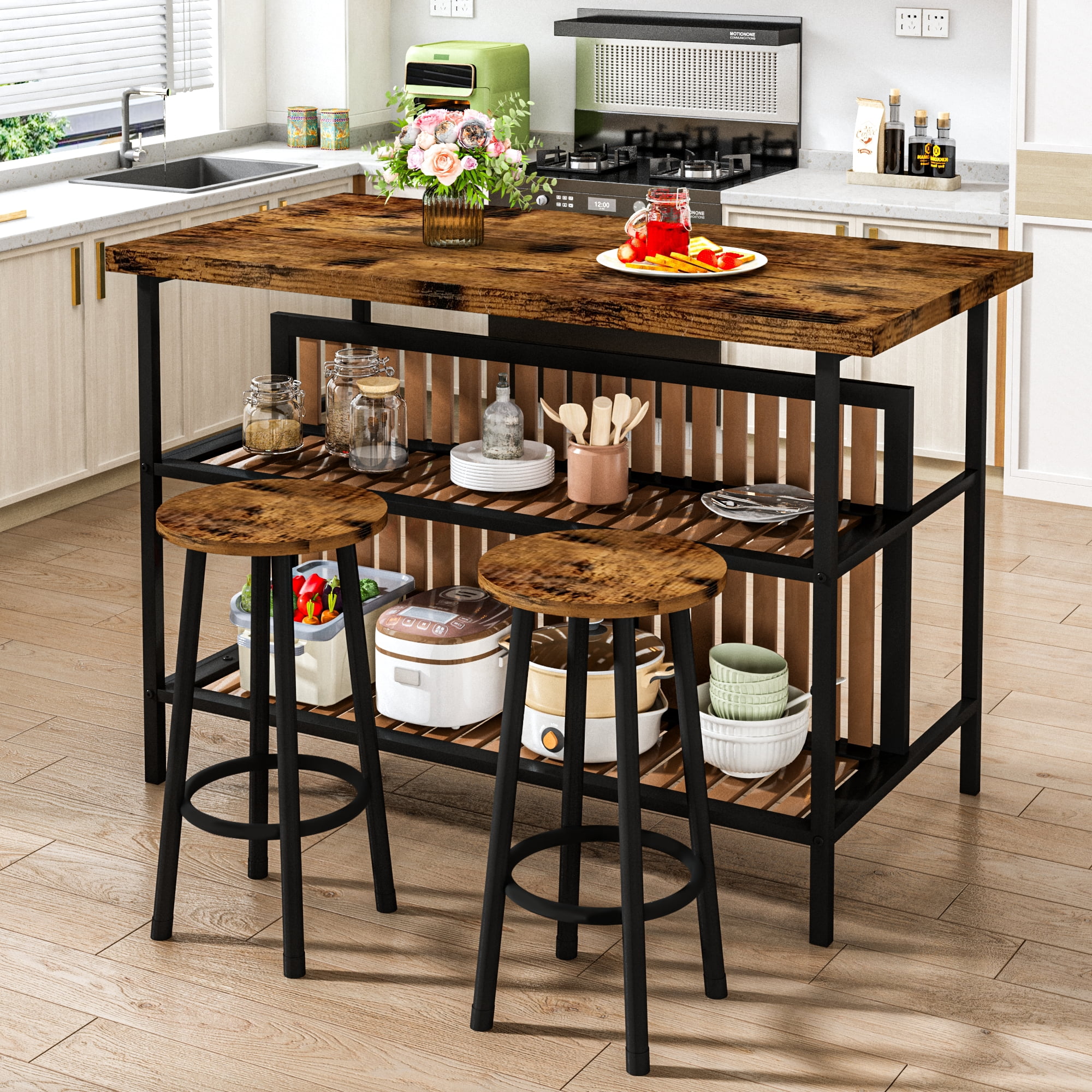 Cvortll Kitchen Island with Seating and Storage, 47.2" Wooden Counter Height Bar Table with 2 Stools, Space Saving Dining Table Set for Small Apartment or Bistro, Brown