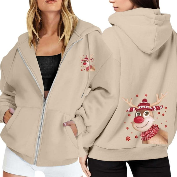 WILLBEST Sudadera Deportiva para Mujer Ladies' Christmas Printed Zipper Long Sleeved Pocket Adjuststring Casual Hooded Sweatshirt 2265 X-Grande