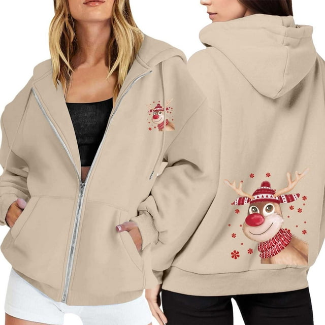WILLBEST Sudadera Deportiva para Mujer Ladies' Christmas Printed Zipper Long Sleeved Pocket Adjuststring Casual Hooded Sweatshirt 2262 XXX-Grande