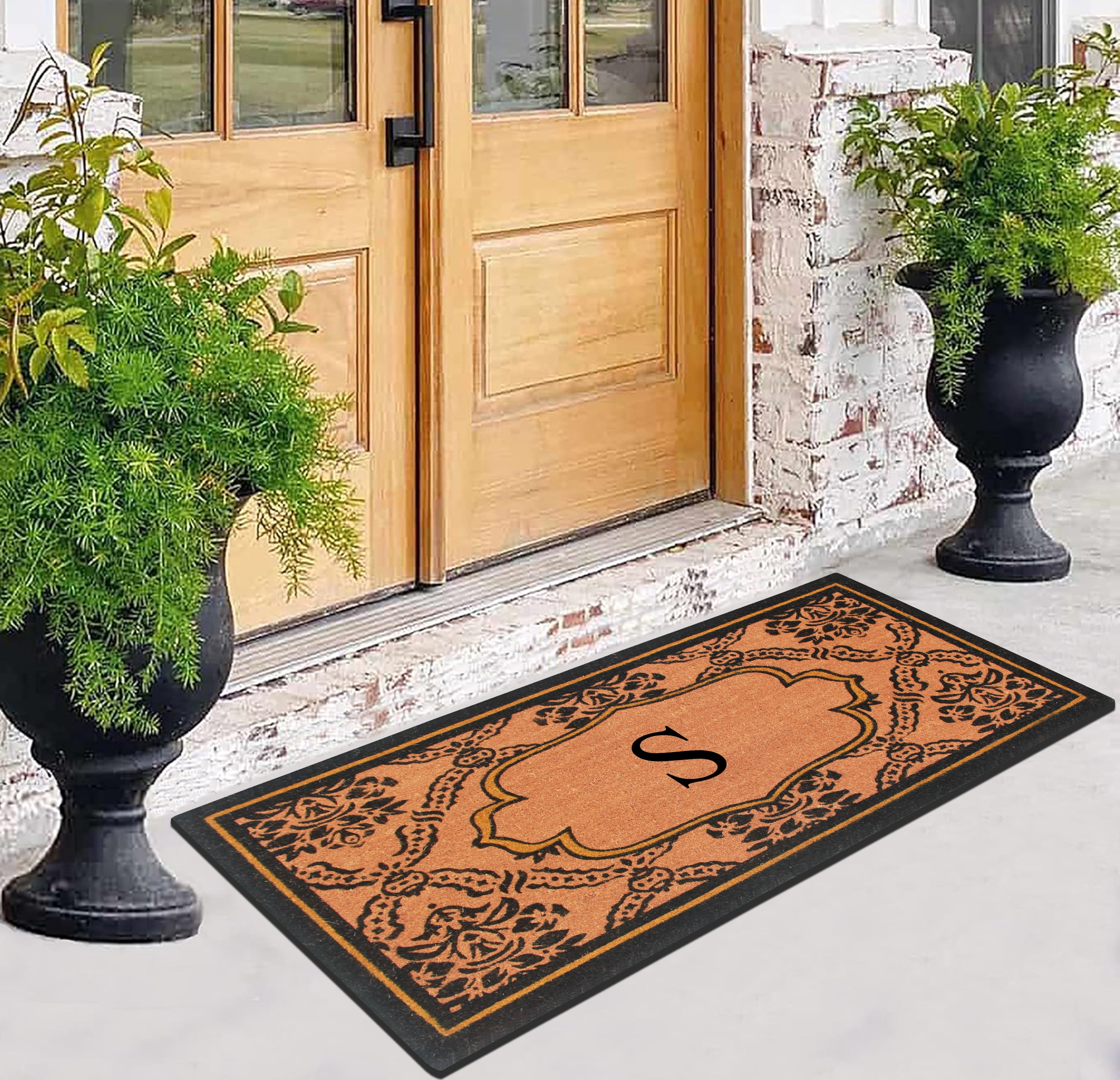 A1HC Natural Coir and PVC Monogrammed Floral Design Door Mat, 30" x 60", Anti-Shed Treated Durable Heavy Duty Front Door Mat for Outdoor Entrance