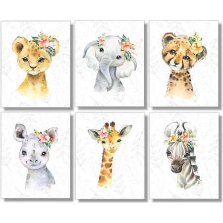 Safari Animals Wall Art Prints - Nursery Decor - Jungle Animal Pictures - Set of 6-8x10 - Unframed - Watercolor