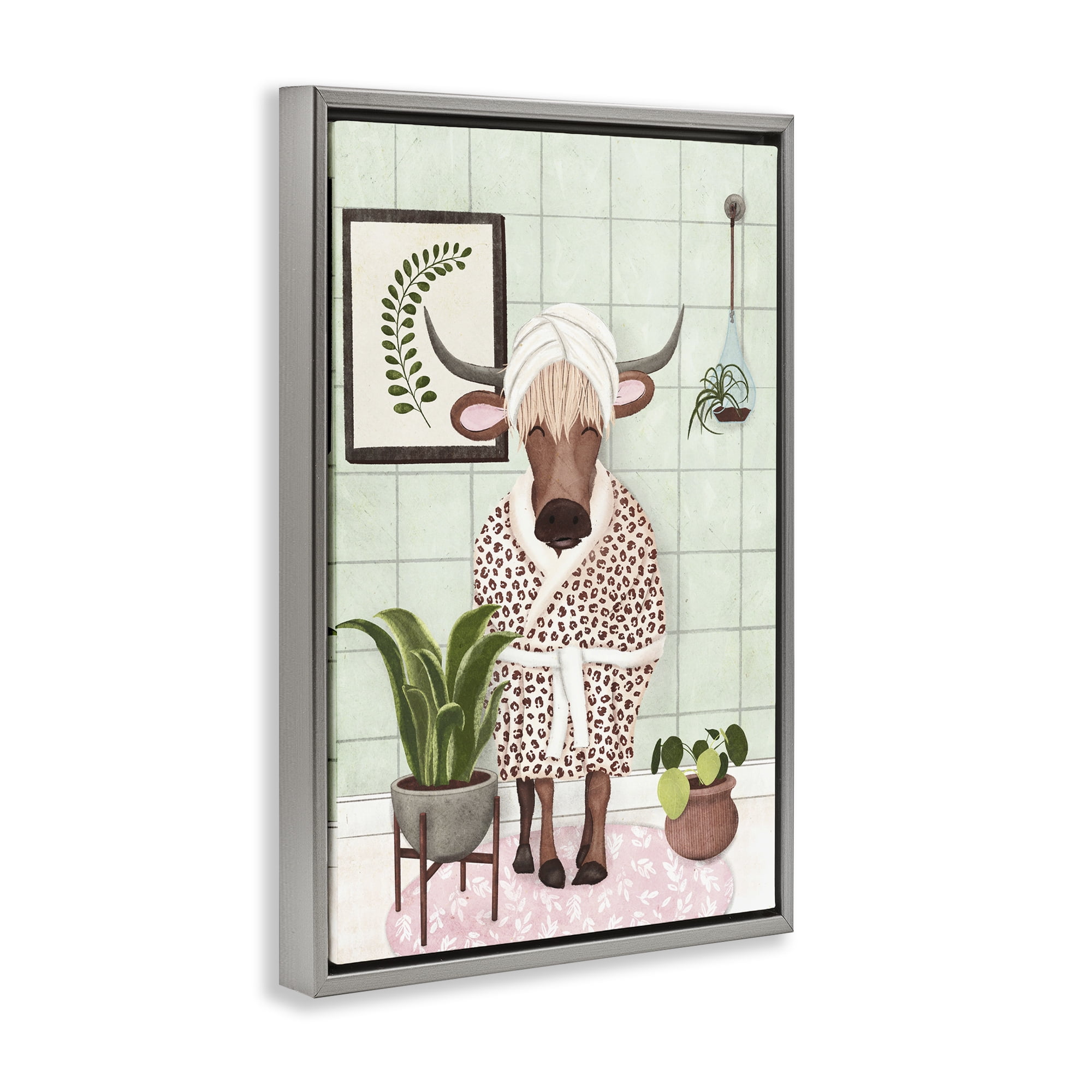 Stupell Industries Cow in Bathrobe Typography Painting Gray Floater Framed Canvas Art Print Wall Art, 21 x 31