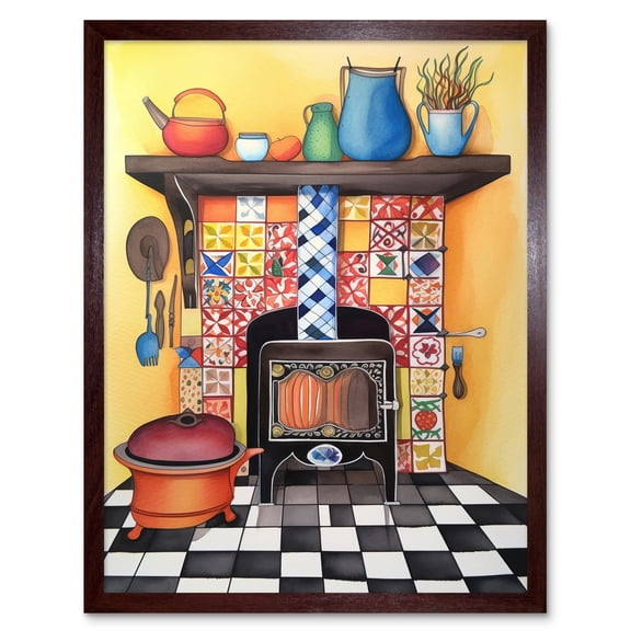 Kitchen Hearth Fireplace With Multicoloured Tiles Folk Art Watercolour Painting Art Print Framed Poster Wall Decor 12x16 inch