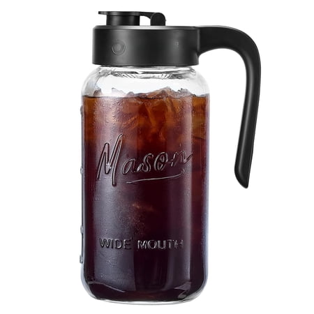 Mason Jar Pitcher - Airtight & Leakproof Glass With Lid For Breastmilk Cold Brew And Sun Tea 2 Quart (64 Oz) 1/2 Gallon Pour Spout