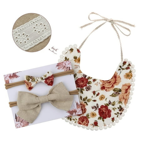 

TFFR Kids Bib Headband Set Baby Flower Print Strappy Burp Cloth+ Bowknot Hairband for Boys Girls