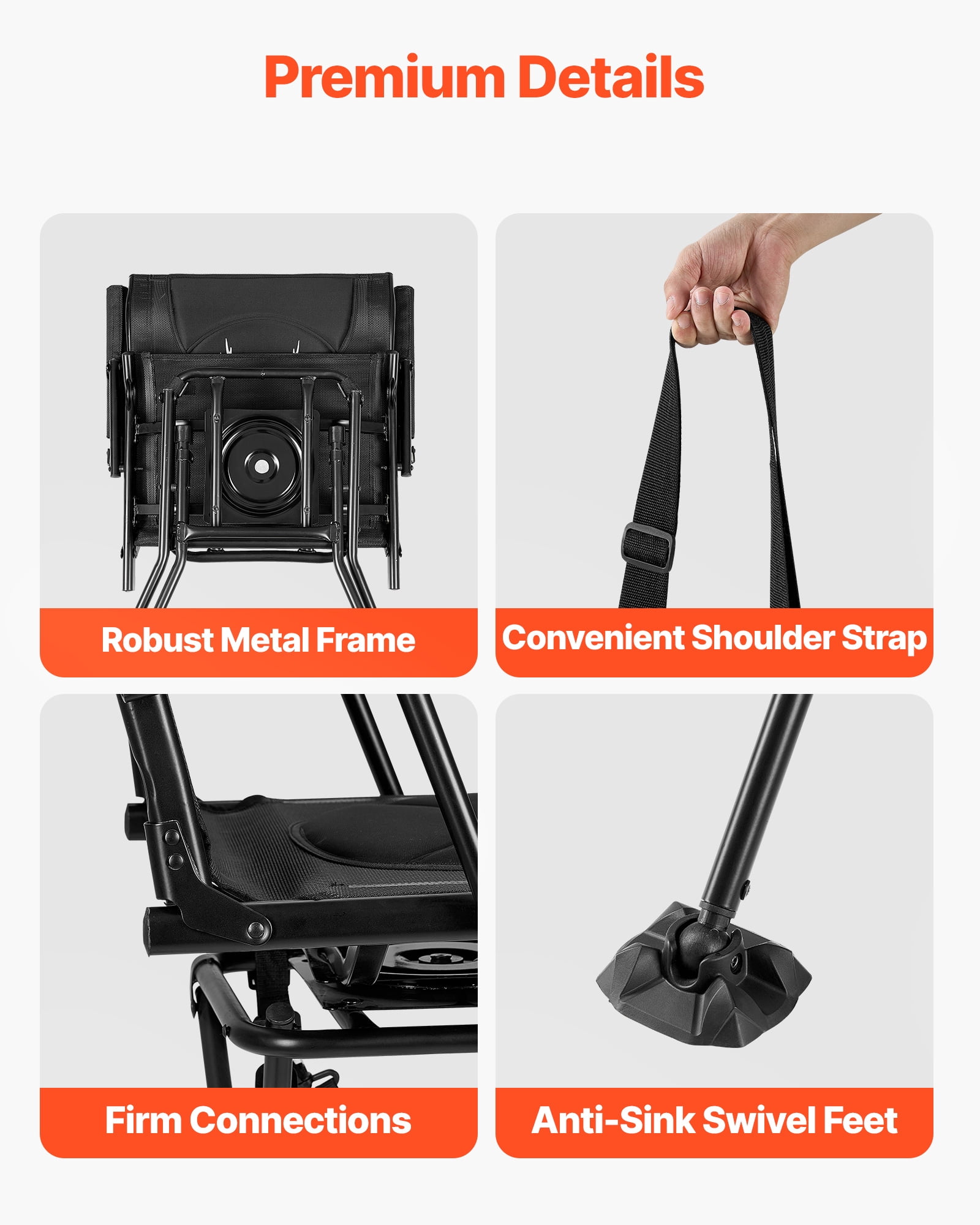 VEVOR Hunting Chair, 360° Silent Swivel, Foldable Portable Blind Chair, Heavy-Duty Steel Frame Ground Stool Seat, with Armrests, Adjustable Carry Strap, Anti-Sink Feet, 300 Lbs Capacity for Fishing