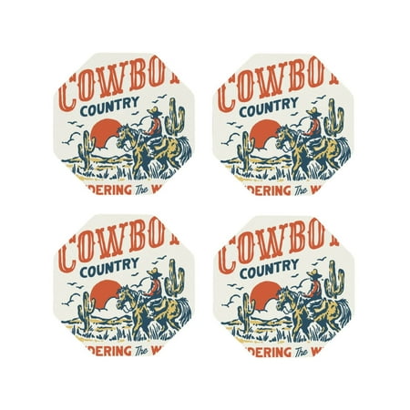 

KLL Drink Coasters Set Octagon of 4 PU Leather Absorbent Coasters Set Decorative Coffee Cup Coasters Housewarming Gift for Home Decor-Cowboy Rising Horse