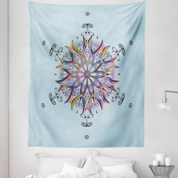 Snowflake Tapestry, Doodle Style Illustration Colorful Round Ornament Motif, Fabric Wall Hanging Decor for Bedroom Living Room Dorm, 5 Sizes, Multicolor, by Ambesonne
