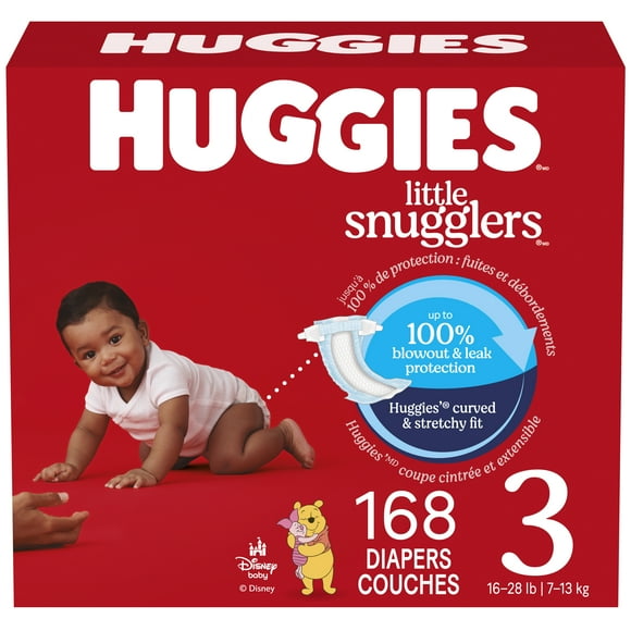 Couches pour bébé Huggies Little Snugglers, paquet économique, taille 3, paquet de 168