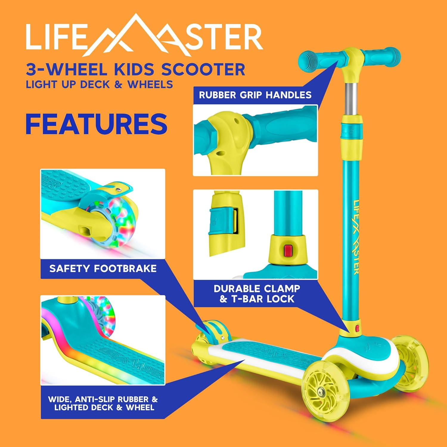 Lifemaster 3-Wheel Kids Scooter with Multi-Color Lights on Deck & Wheels – 5-Height Handlebar, Wide Anti-Slip Deck, Child Safety Certified, Boys & Girls Ages 3+ Supports Up to 150 lbs, Aqua Yellow