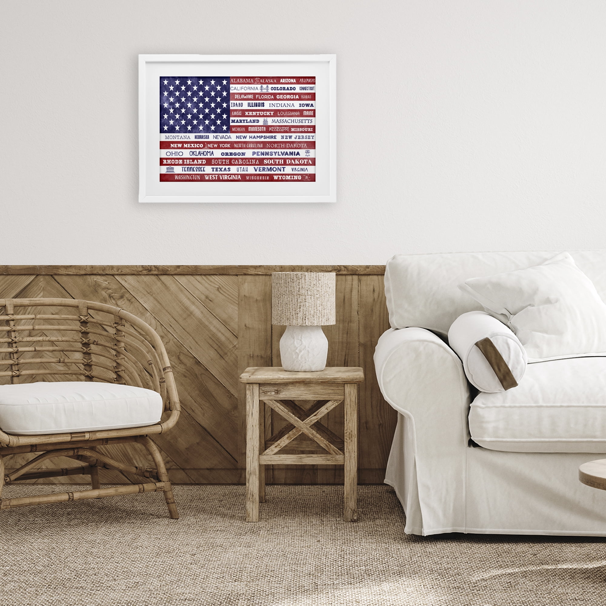 Stupell Industries States Of America Flag White Framed Print Under Glass, design by Daniela Santiago