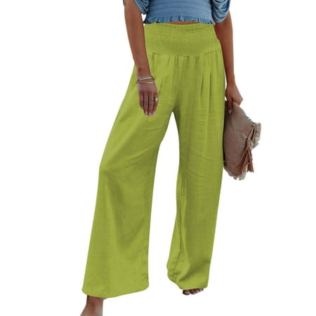 

iOPQO Women s Casual Pants linen pants for women High Waist Wide Leg Palazzo Lounge Pants For Women Smocked Elastic Waist Loose Comfy Casual Pajama Pants Pockets Mint Green XL