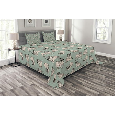 Dog Bedspread Pug Bedspread Set, Dogs with Various States Sitting Standing Stretching Cute Cartoon Style Pet Drawing, Decorative Quilted Coverlet Set with Pillow Shams Included, Turquoise, by Ambesonne ()