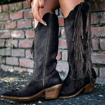 

Boots For Women Casual Retro Fringe Long Boots Thick Heels High Boots Shoes Note Please Buy One Or Two Sizes Larger