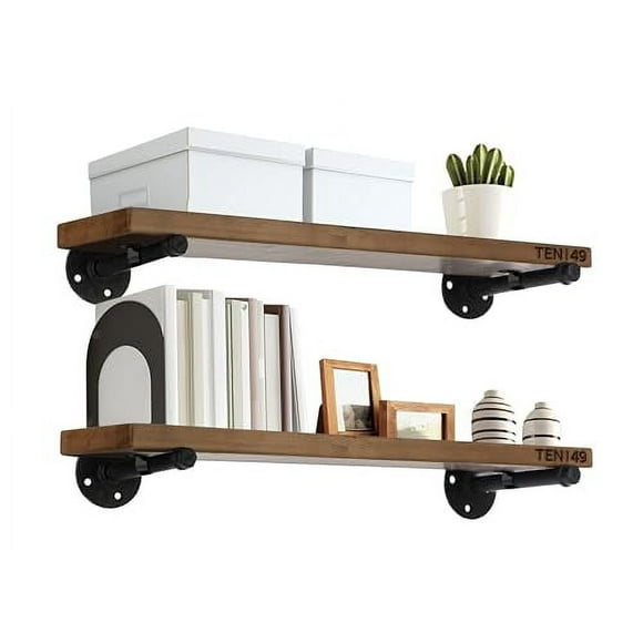 TEN49 Industrial Pipe Wood Wall Shelf - 24" Espresso Real Wooden Shelving - Modern Interior Decor Floating Shelves w/Iron Pipe Brackets - Rustic Farmhouse Style Bookshelf - Set of 2