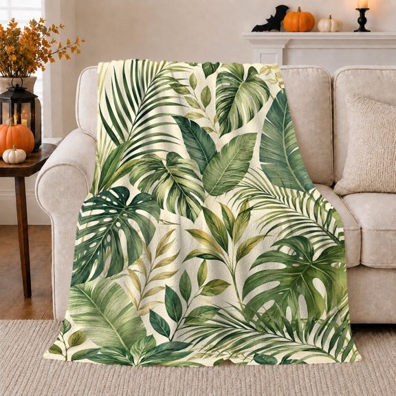 Tropical Monstera Leaf Palm Frond Watercolor Illustration, Peaceful Coastal Landscape Scene, Warm Flannel Blanket for Cabin and Lodge, Beach Lovers Housewarming Gift, Coastal Home Decor