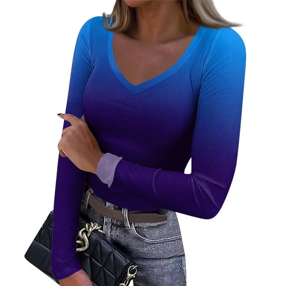Women's Winter Slim-Fit Base Layer T-Shirt Fashionable Gradient Color Print V-Neck Pullover Long-Sleeved Top for Layering and Style,Blue,L
