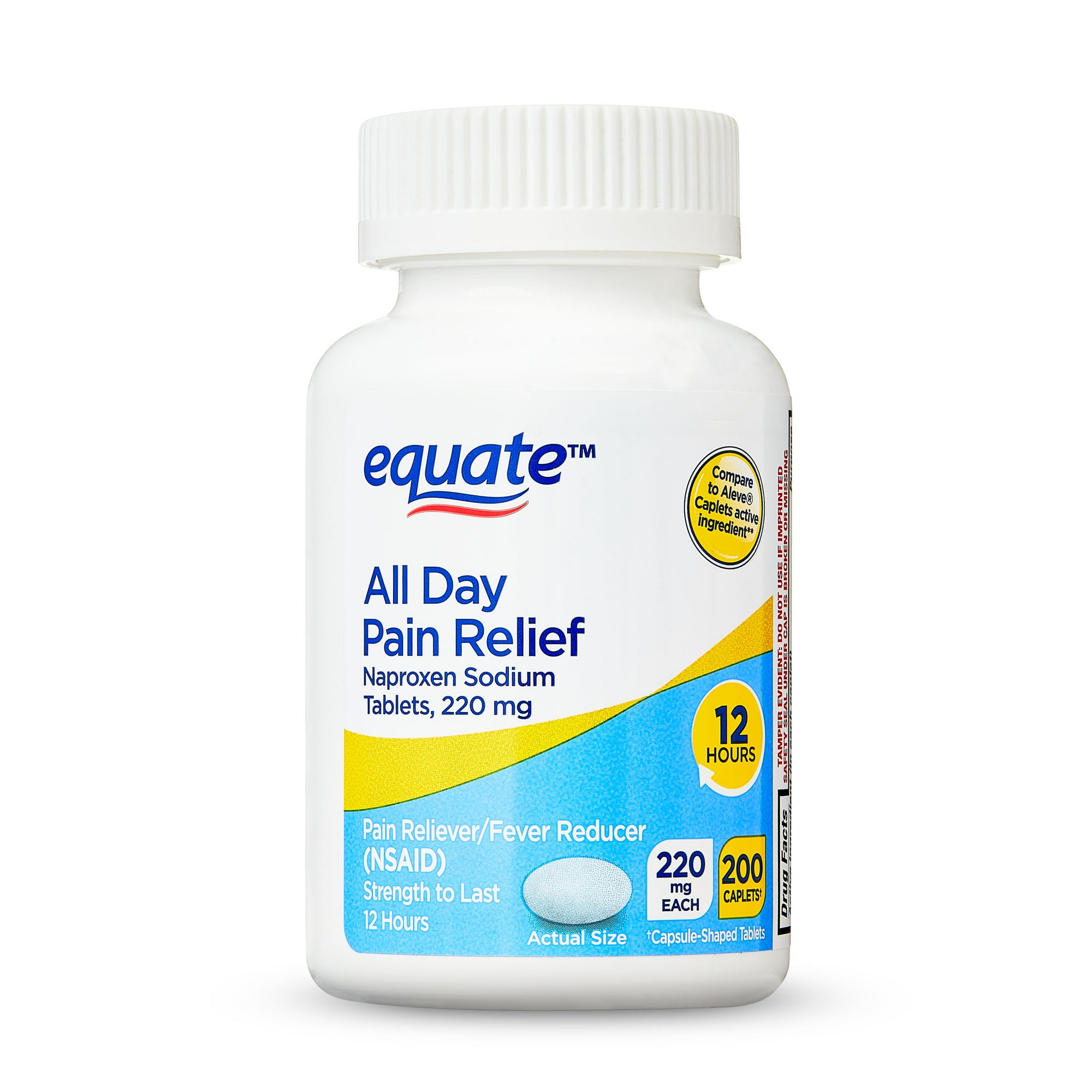 Equate All Day Pain Relief Naproxen Sodium Caplets, 220 mg, 200 Count, Compare to Aleve® Caplets Active Ingredient