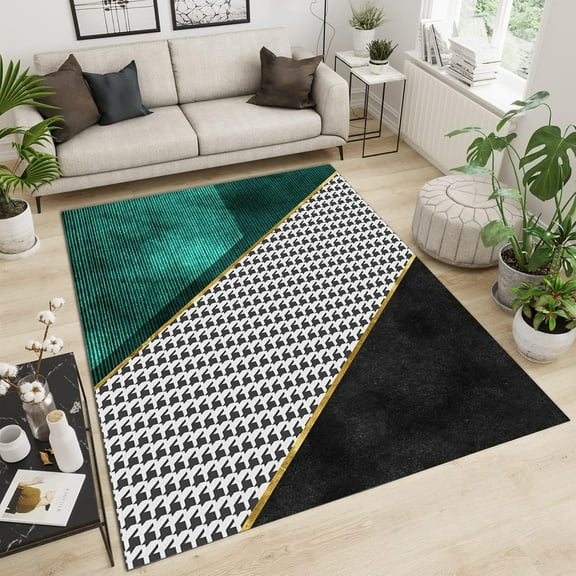 Luxury Geometric Splicing Rug, Abstract Art Black White Green Key Area Rug, Non-Slip Machine Washable Rug For Living Room Bedroom Office Hotel 5x7ft