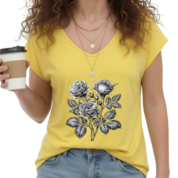 UNISHE Women's Black Sketch Rose Print Yellow V-Neck Sleeveless T-Shirt S-5XL Trendy Tank Top