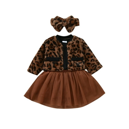 

Ma&Baby Baby Girls 4 Piece Clothes Romper Leopard Fur Jacket Tops Tutu Skirt Set Outfit