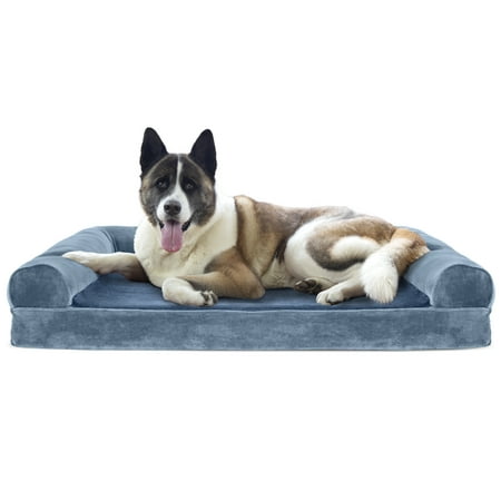 UPC: 0842229106794 | FurHaven Pet Products Faux Fur & Velvet Cooling Gel Memory Foam Sofa-Style Pet Bed for Dogs & Cats – Harbor Blue Jumbo