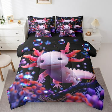 Erosebridal Cute Axolotl Comforter Set Twin 7 Pcs Cartoon Salamander Kawaii Ocean Sealife Bedding Set Sea Ocean Creature Reptile Animal Bed in a Bag with Comforter,Sheets
