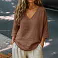 thumbnail image 2 of Womens 3/4 Sleeve Summer Tops Work Clothes Business Casual Outfits Cotton Boho Tops Work Tees Peasant Tops for Women Office Work Tops Cotton Linen Lightweight Tops Brown L, 2 of 7