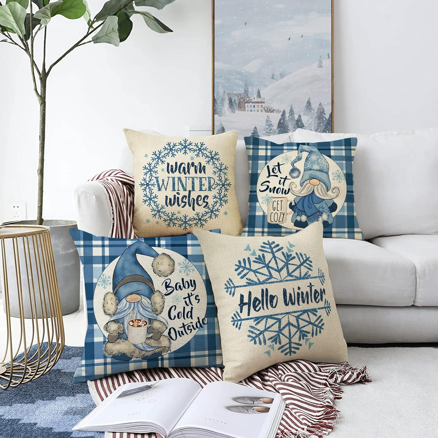 Hello Winter Warm Wishes Gnome Decorative Throw Pillow Cover Set of 4, Snowflake Hot Cocoa Baby It''s Cold Outside Cushion Case Decor, Buffalo Plaid Christmas Decoration for Sofa Couch 20 x 20