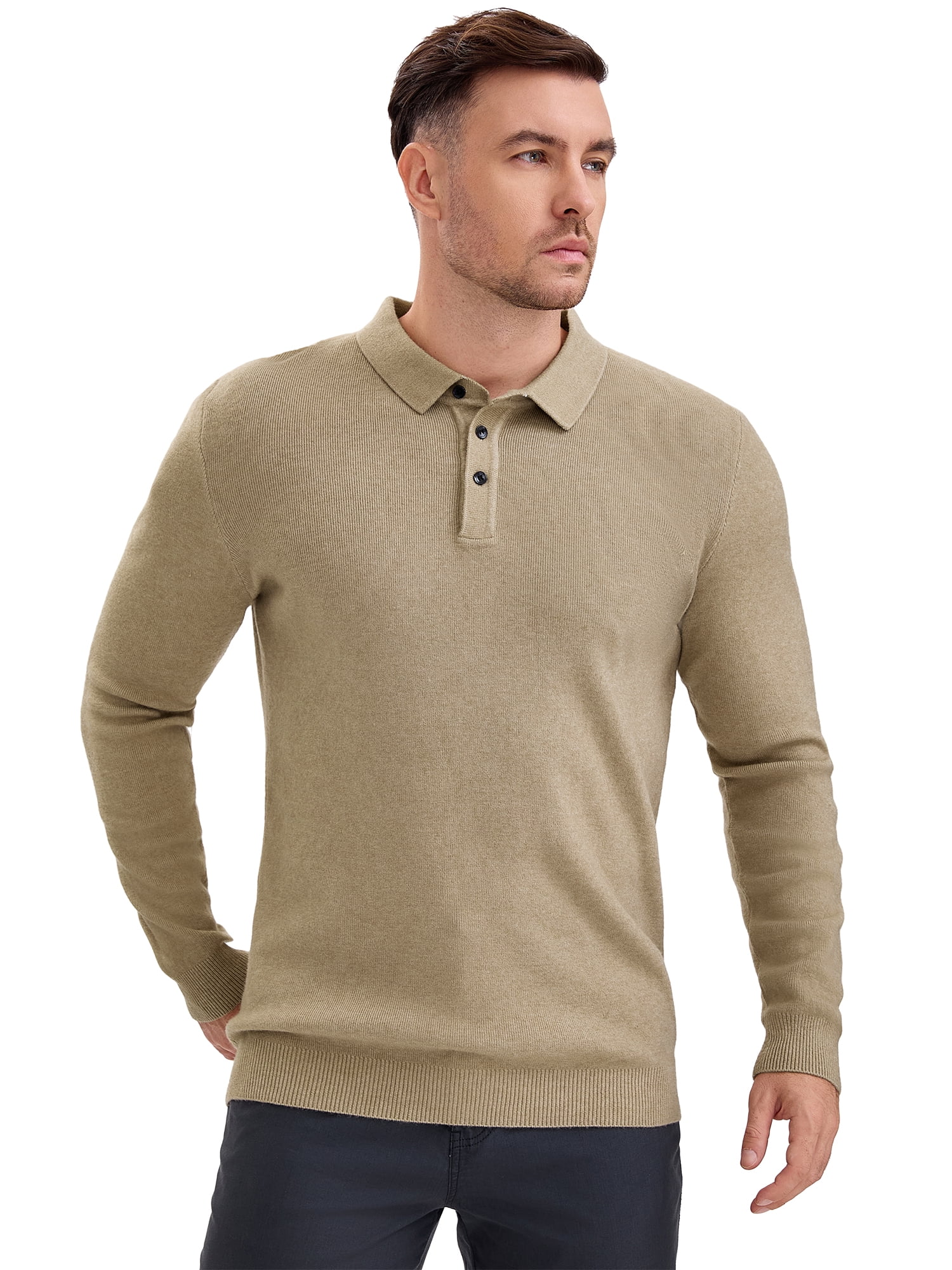 DARING DIVA Men's Long Sleeve Pullover Business Knitted Polo Shirt XL Khaki