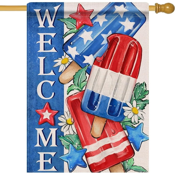 Welcome 4th of July Popsicles Patriotic 28 x 40 House Flag Double Sided, Daisy Flower America USA Garden Yard Decoration, American Stars Summer Seasonal Outdoor Décor Decorative Large Flag