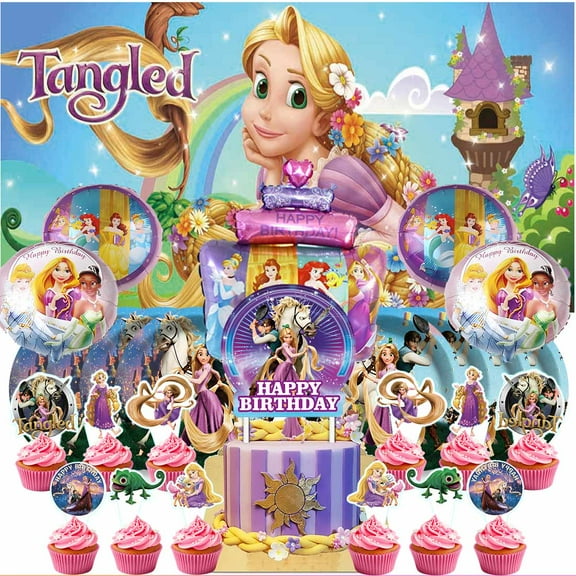 Tangled Princess Supplies Plates Decoration Backdrop Banner Birthday Decor Tableware Fans Balloons