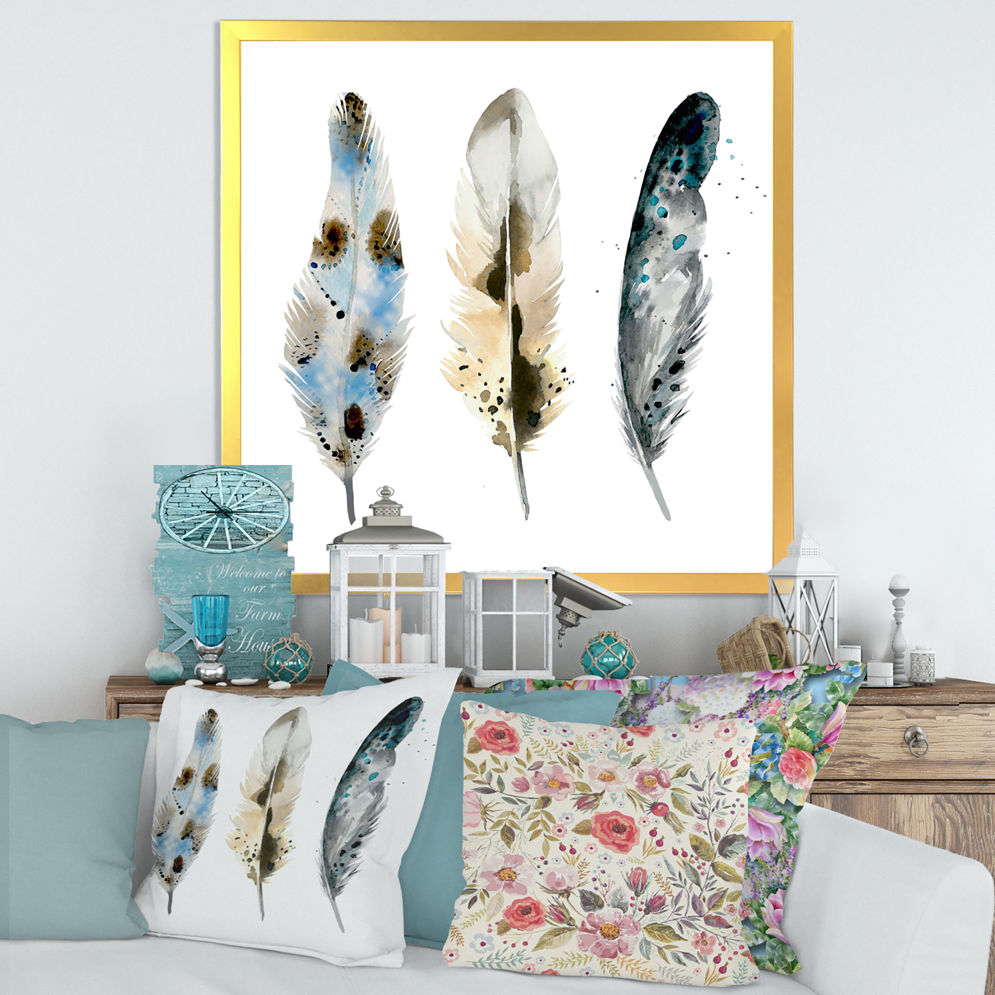 Designart 'Colourful Boho Art Feathers V' Bohemian & Eclectic Framed Art Print