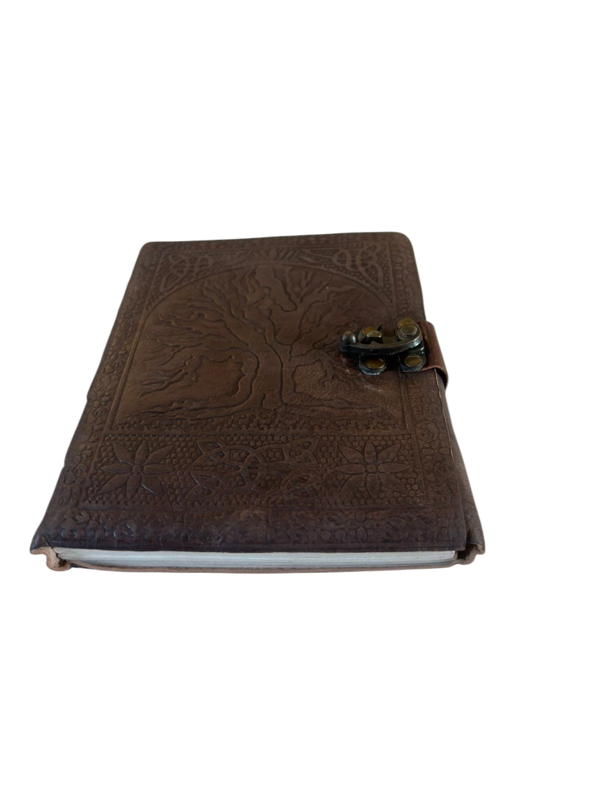Handmade Leather Journal with Tree Design & Lock – Vintage Diary, Deckle Edge Pages, Rustic Notebook