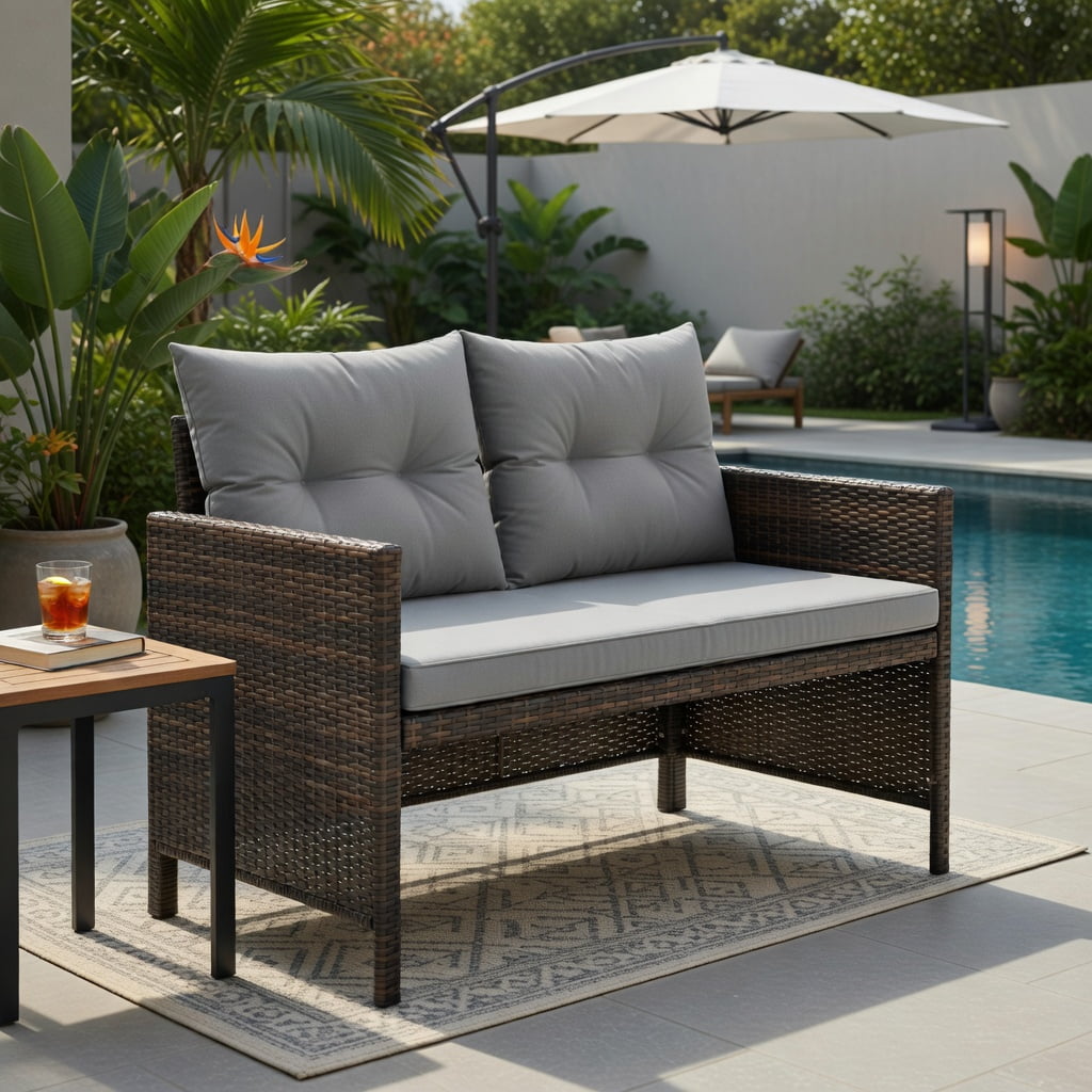 Hommoo 3-Piece Outdoor Wicker Patio Sofa Set with Tempered Glass Coffee Table, L-Shaped Sectional for Backyard, Deck or Balcony, Gray