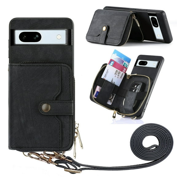 Decase Google Pixel 6 Pro Zipper Purse Wallet Back Cover, Shockproof Crossbody Removable Shoulder Strap PU Leather Case with Card Holder Kickstand Protective Back Cover for Google Pixel 6 Pro,Black