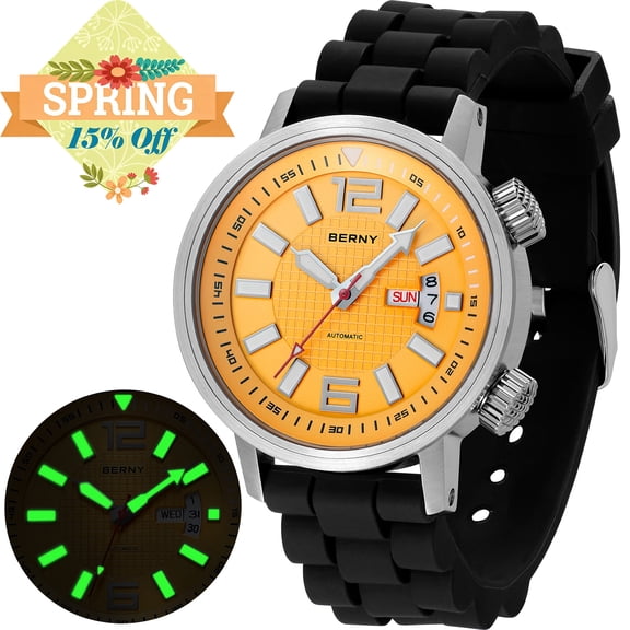 BERNY Automatic Dive Watches for Men, Sport 200M Waterproof Analog Mechanical Watch with Day Date, Super Luminous, Silicone Strap, Stainless Steel, Sapphire Crystal, Men's Pro Diver Watch (Yellow)