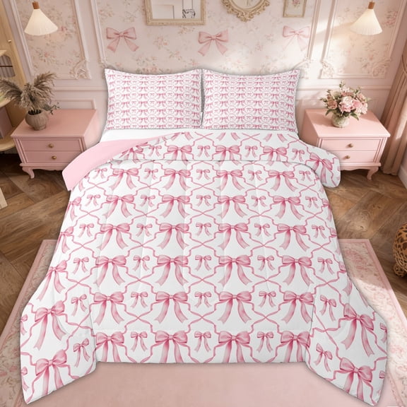 Cute Bow Down Comforter Pink Kawaii Bowknot Queen Comforter Set Watercolor Bow Tie Patchwork Pink White Bedding Set Geometric Check Bow Bed Set