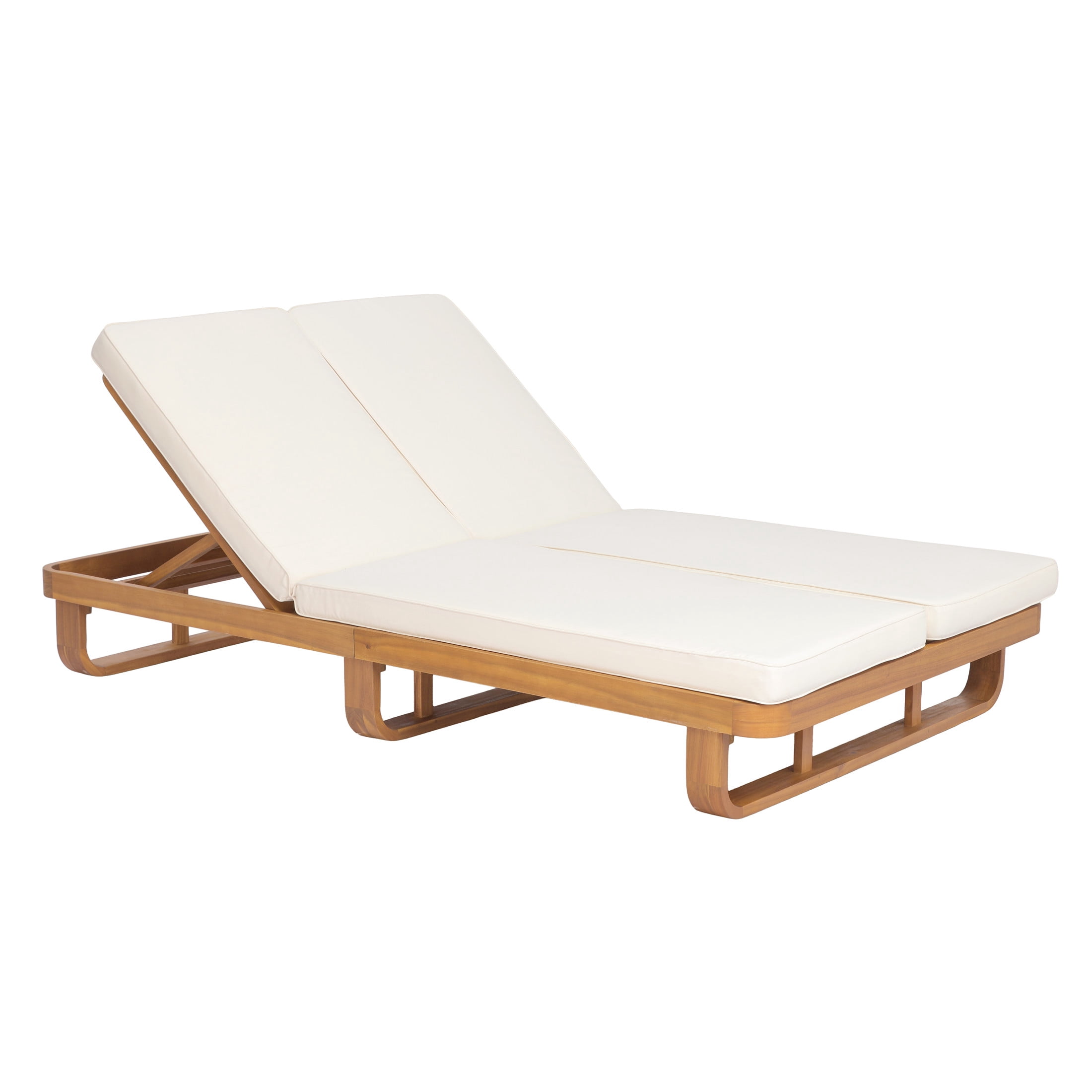 Christopher Knight Home Acacia Wood Outdoor Double Chaise Lounge with Adjustable Backrests, Beige Cushion, Natural