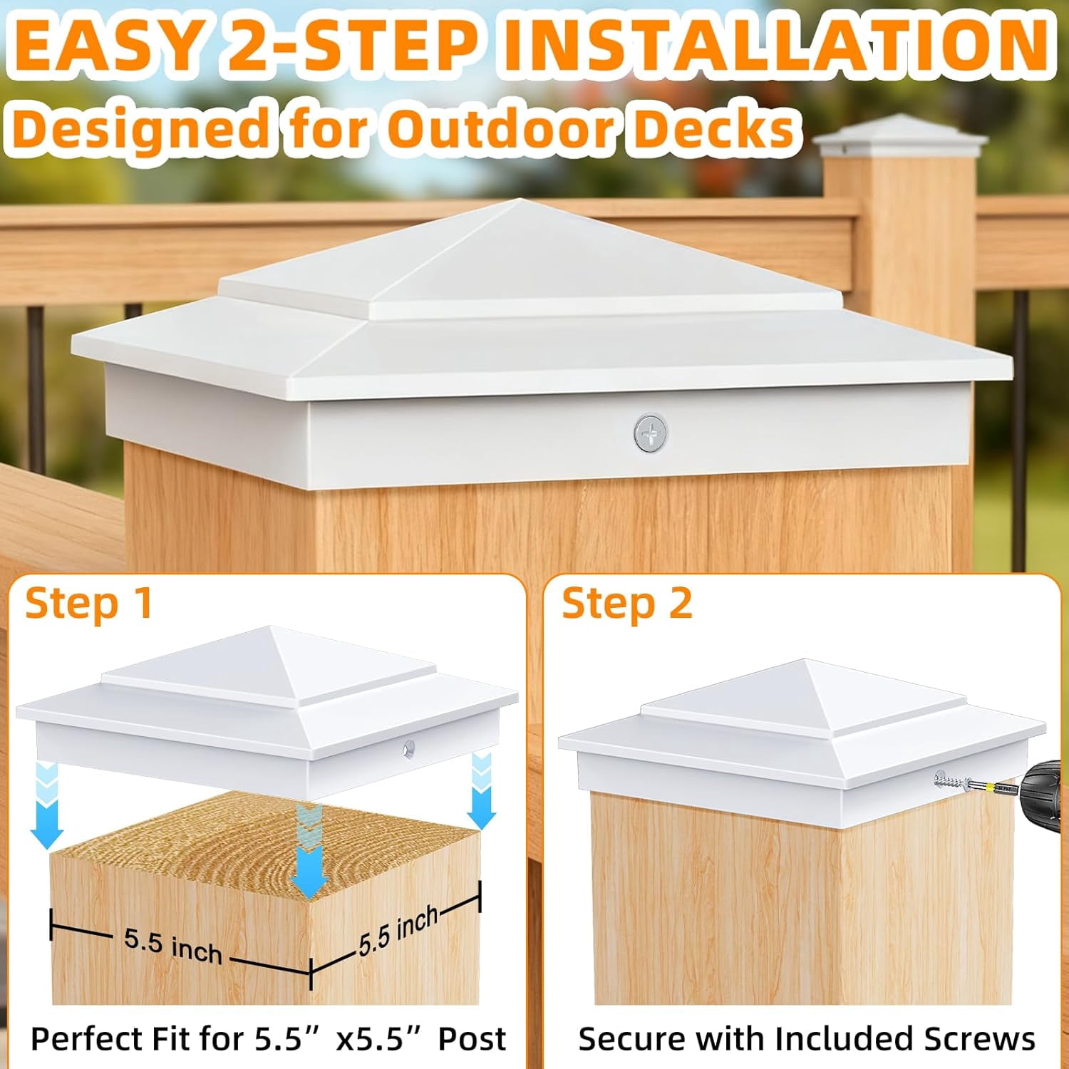 6X6 Aluminum White  Post Caps for  5.5" x 5.5" Wood Posts, Heavy-Duty Fence Post Caps Cover for Cedar Fence Deck Mailbox - Weatherproof, Rust-Resistant - 8 Pack